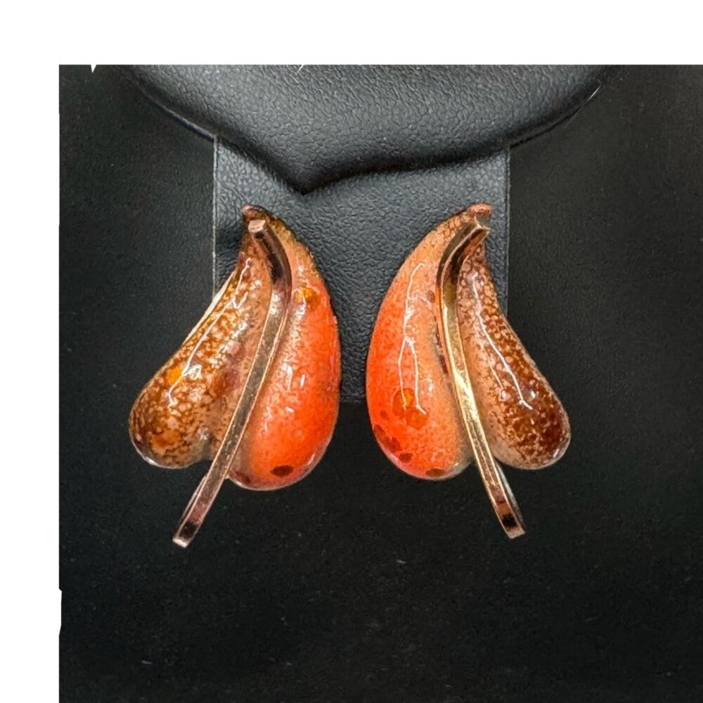 Vintage Matisse Renoir Copper & Enamel Leaf Clip-On Earrings MCM Modern Signed